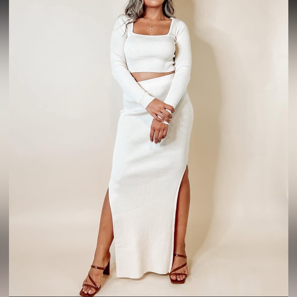 Ribbed Cream Square Neck Longsleeve and High Waisted Skirt Set